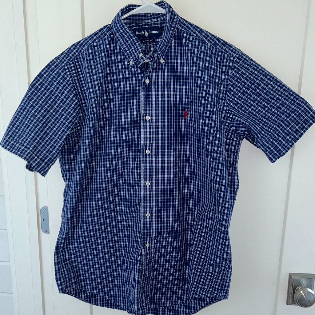 Ralph Lauren Short Sleeve Plaid Button Down Shirt Sz M Classic Fit Euc